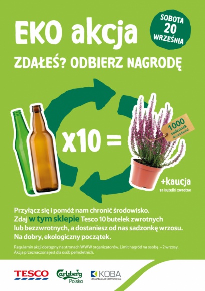 EKOakcja "Zdałeś? odbierz nagrodę" - zbiórka szklanych butelek Styl życia, LIFESTYLE - Już w najbliższą sobotę – 20 września br., w 8 miastach Polski odbędzie się V edycja EKOakcji dedykowana szklanym butelkom pod hasłem „Zdałeś? Odbierz nagrodę”. Zbiórkę butelek organizują wspólnie Tesco Polska i Carlsberg Polska.