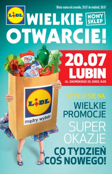 NOWY SKLEP LIDL W LUBINIE Styl życia, LIFESTYLE - Już 20 lipca o godzinie 8:00 w Galerii Handlowej Cuprum Arena przy ul. Sikorskiego 20 otwarty zostanie trzeci sklep sieci Lidl w Lubinie.