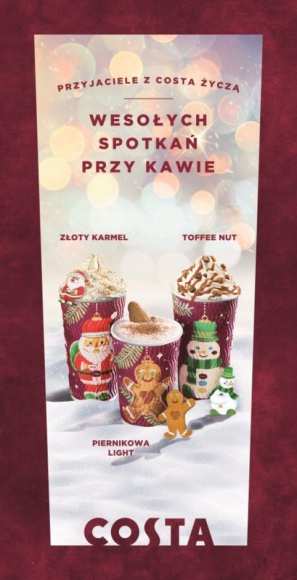 Przyjaciele z COSTA COFFEE życzą Wesołych spotkań przy kawie! Styl życia, LIFESTYLE - Wreszcie nadszedł ten wyjątkowy czas w roku! W kawiarniach COSTA COFFEE jest już dostępne nowe, sezonowe menu. Tej zimy bariści zaserwują trzy wyśmienite, zimowe propozycje – o smaku karmelu, toffi oraz piernika.