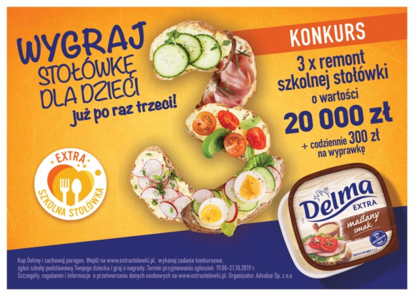 Delma 3. raz rusza z programem „Extra Szkolna Stołówka” Styl życia, LIFESTYLE - Od 19 sierpnia trwa 3. edycja ogólnopolskiego programu „Extra Szkolna Stołówka”, którego inicjatorem jest marka Delma. Dzięki niemu 3 szkoły mogą wygrać remont stołówki o wartości 20 000 zł każdy, a konsumenci codziennie mają szansę na zdobycie 300 zł na wyprawkę szkolną.